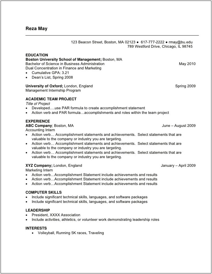 Computer Science Undergrad Resume Example