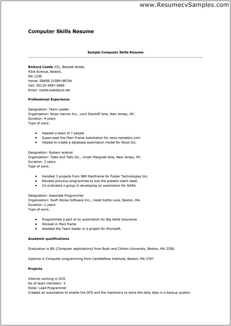 Computer Skills For Resumes Example