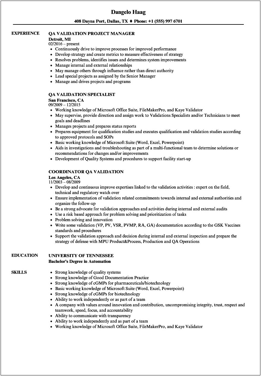 Computer System Validation Sample Resume From India