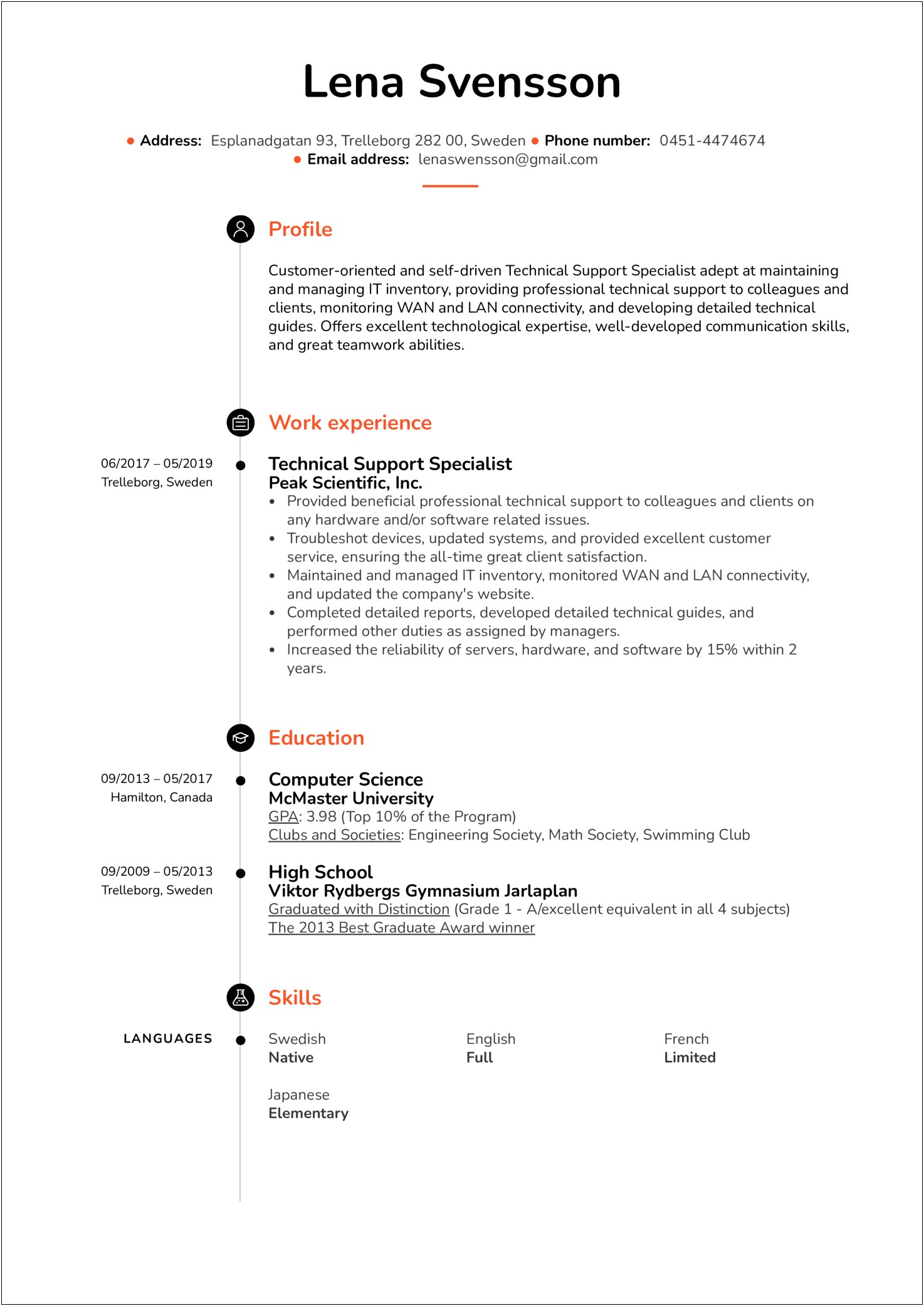 Computer Technical Support Resume Sample