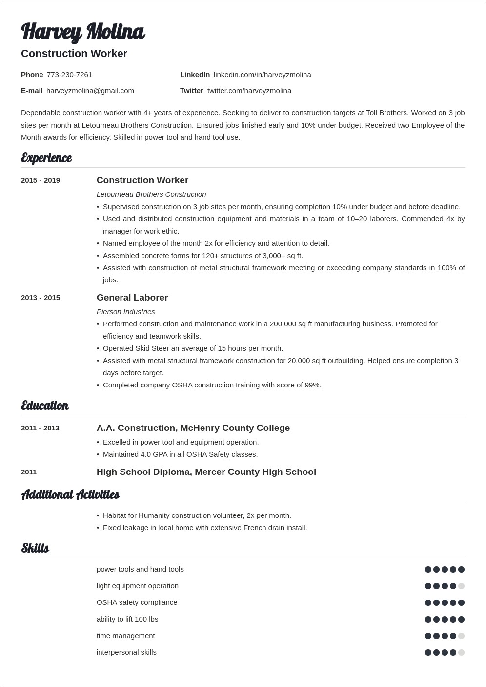 Conatruction Worker Resume Free Word