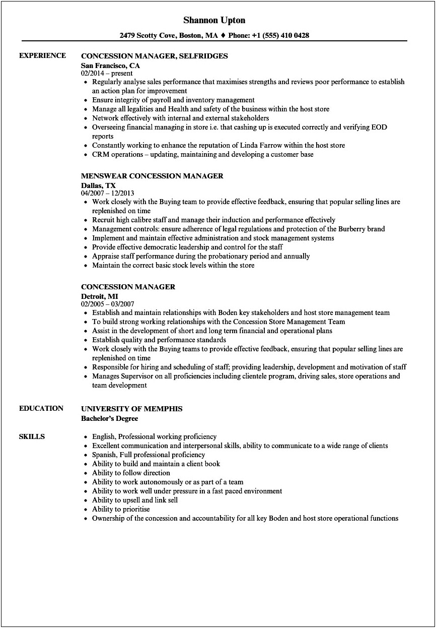 Concession Stand Job Description Resume