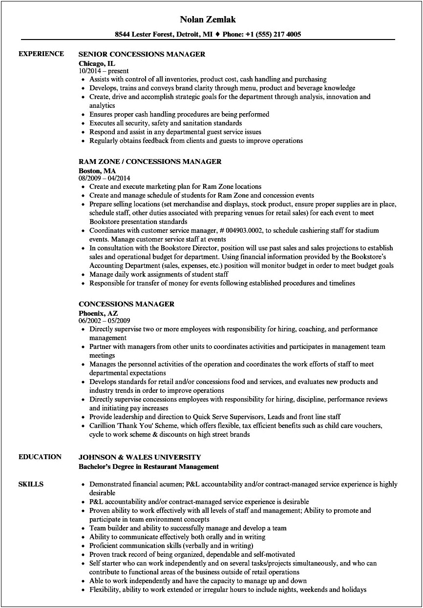 Concession Supervisor Job Description Resume