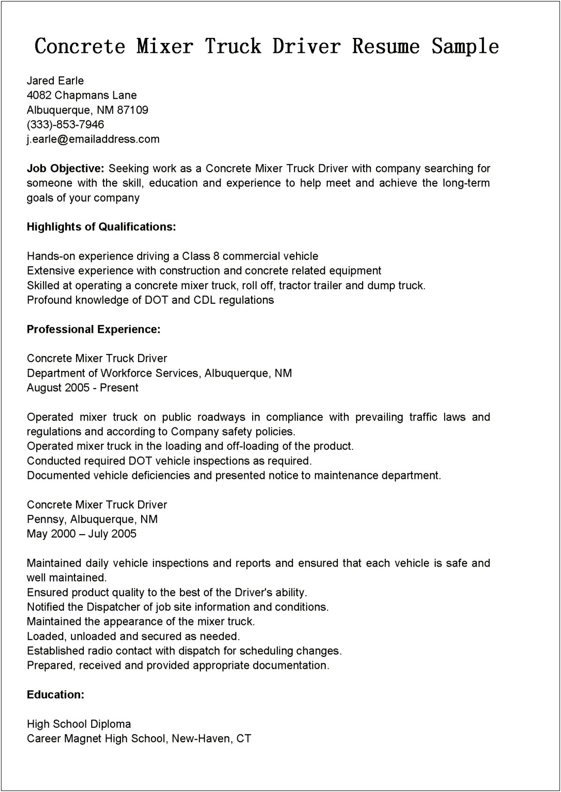 Concrete Construction Job Description Resume