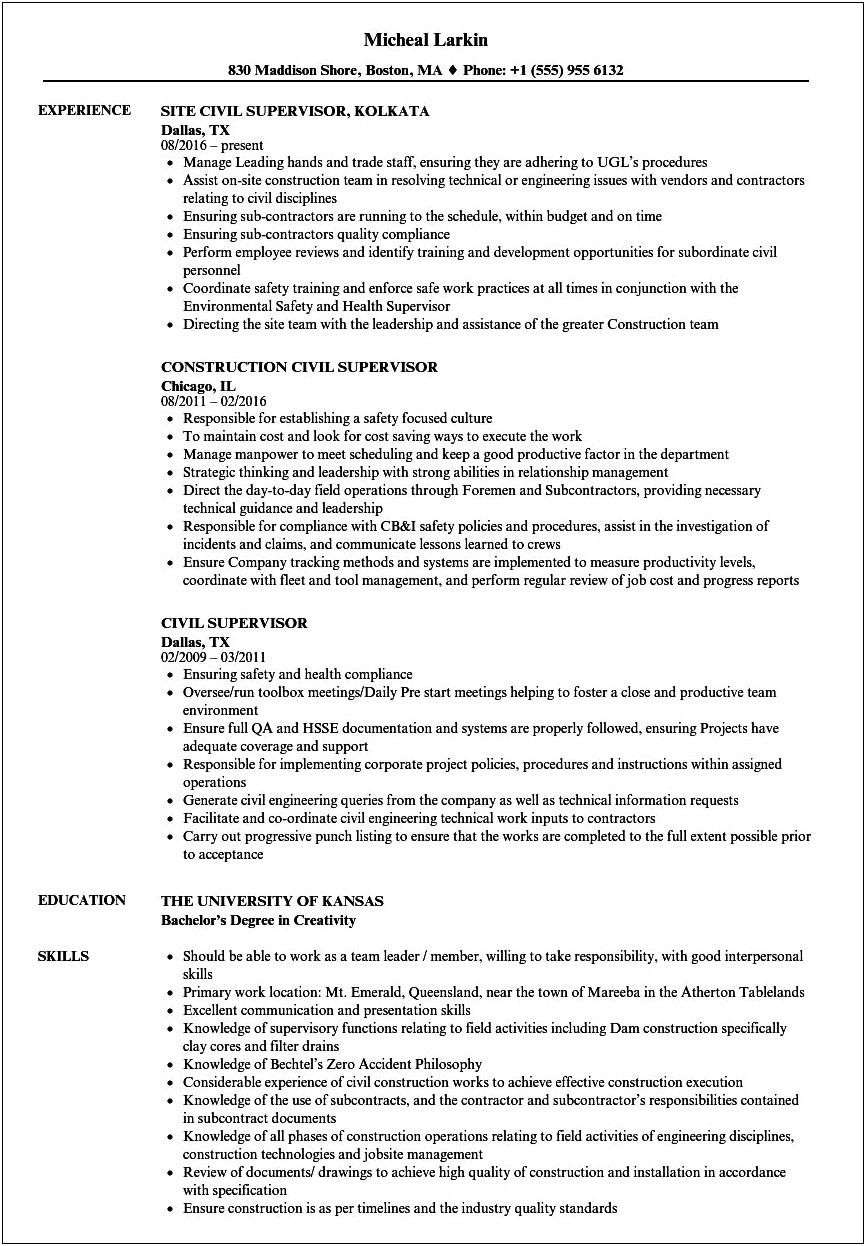 Concrete Construction Manager Resume Examples