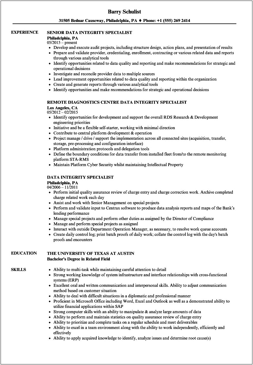 Confidential And Integrity In Example Resume