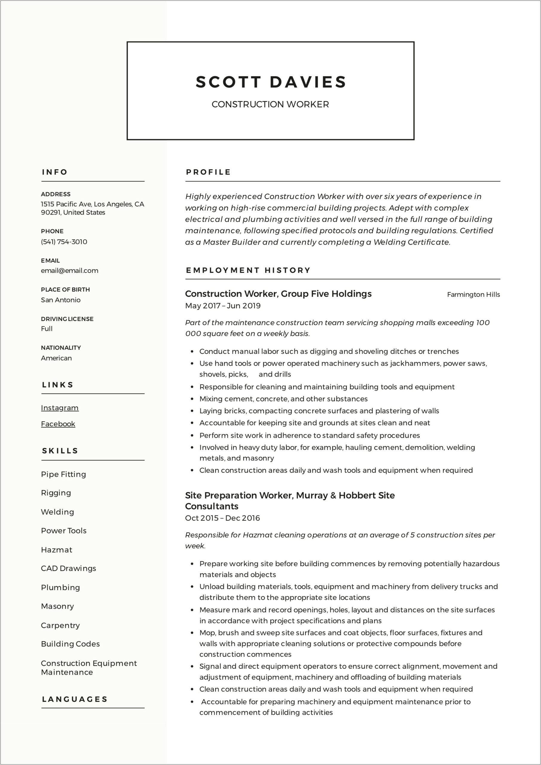 Construction And Maintenance Resume Examples