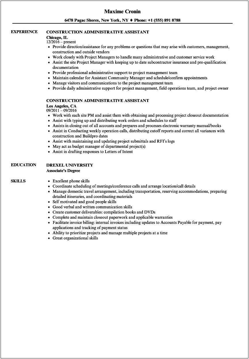 Construction Assistant Job Description Resume