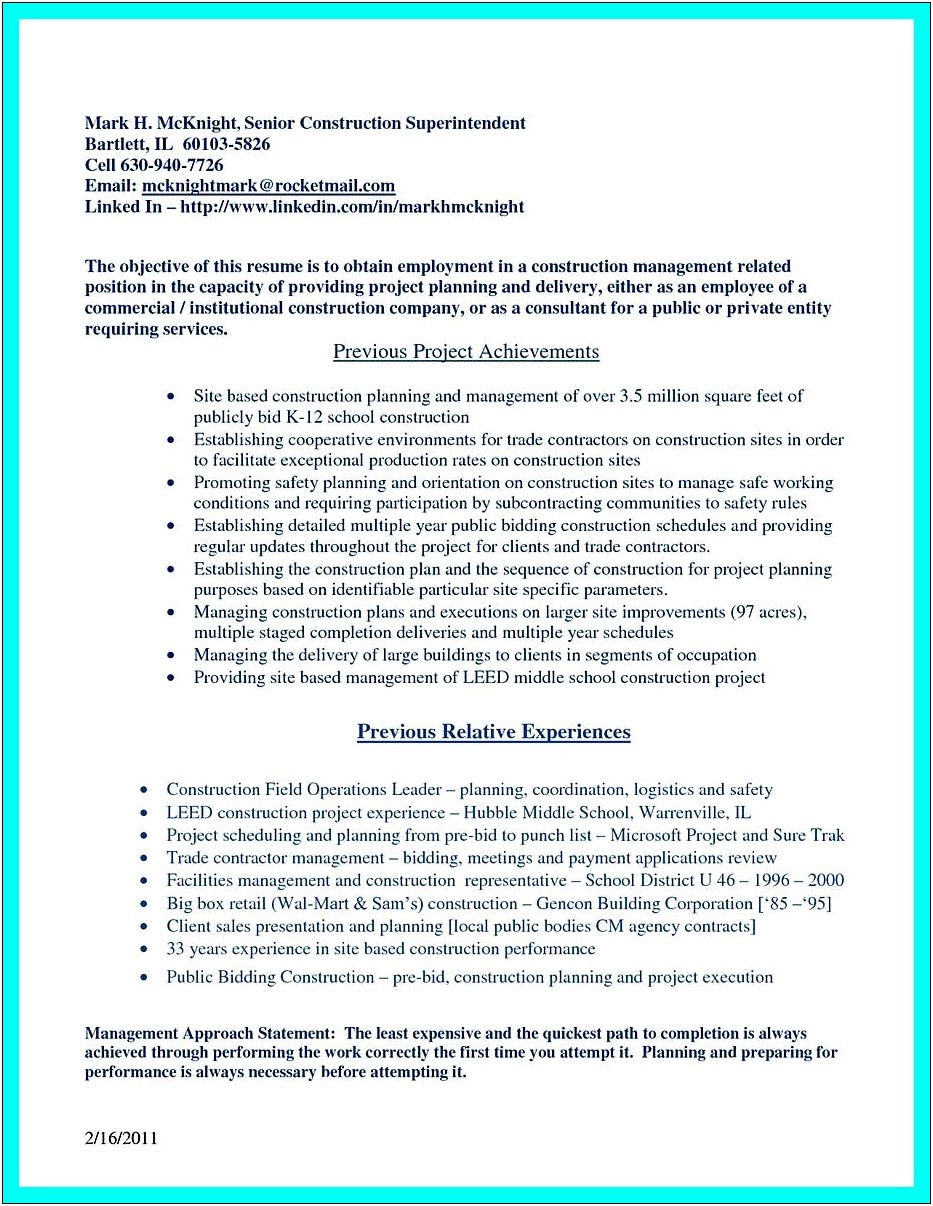 Construction Assistant Superintendent Resume Sample
