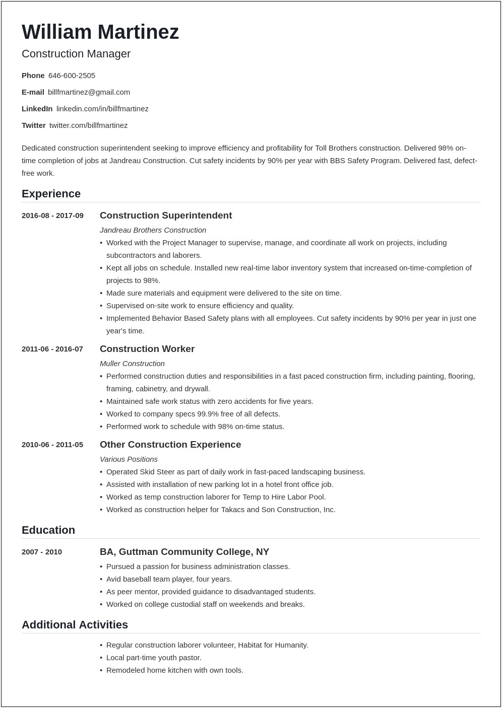 Construction Cleaner Job Description Resume