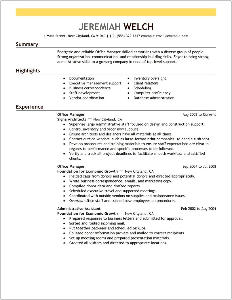 Construction Company Office Manager Resume