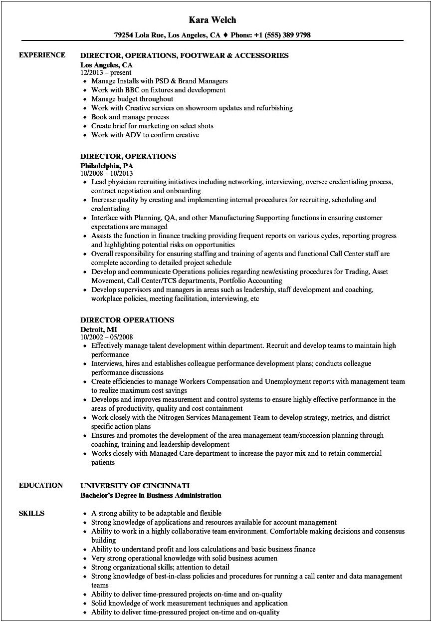 Construction Director Of Operations Manager Resume