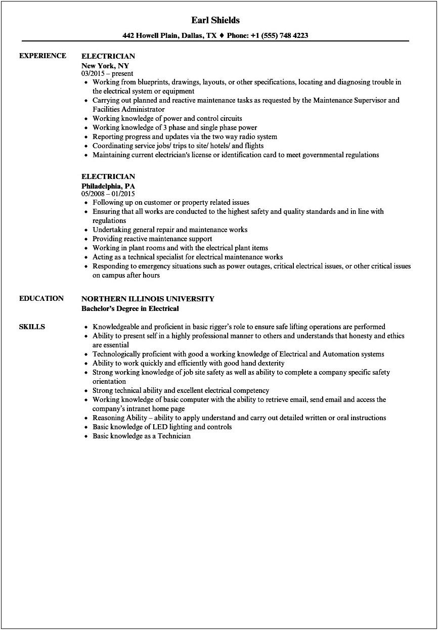 Construction Electrician Resume Examples Solidworks