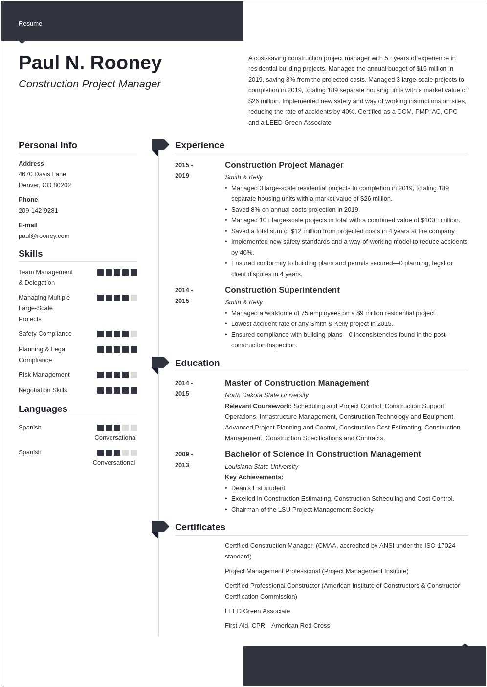 Construction Estimation Quality Control Manager Resume
