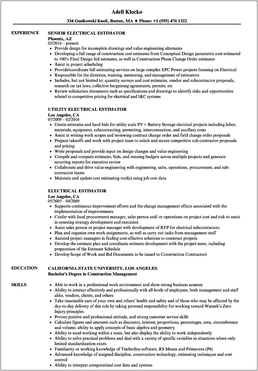 Construction Estimator Job Description Resume