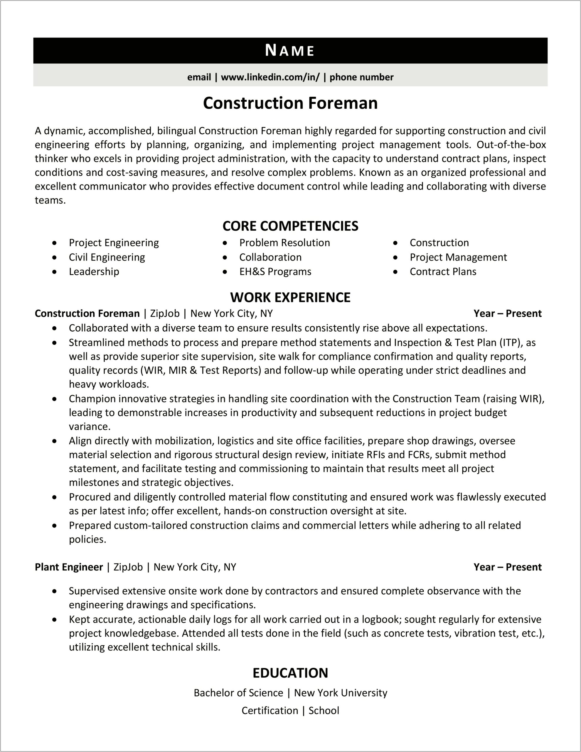 Construction Foreman Job Duties For Resume