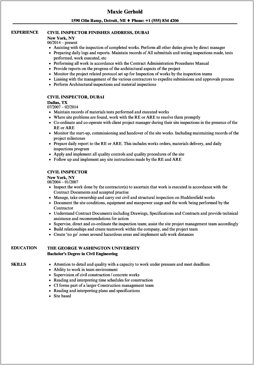 Construction Inspector Resume Objective Examples