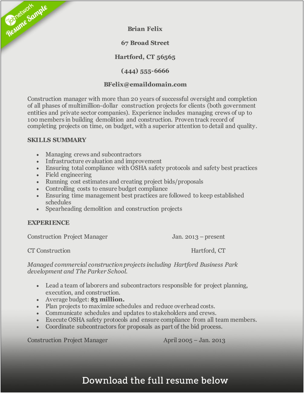 Construction Job Description Resume Sample