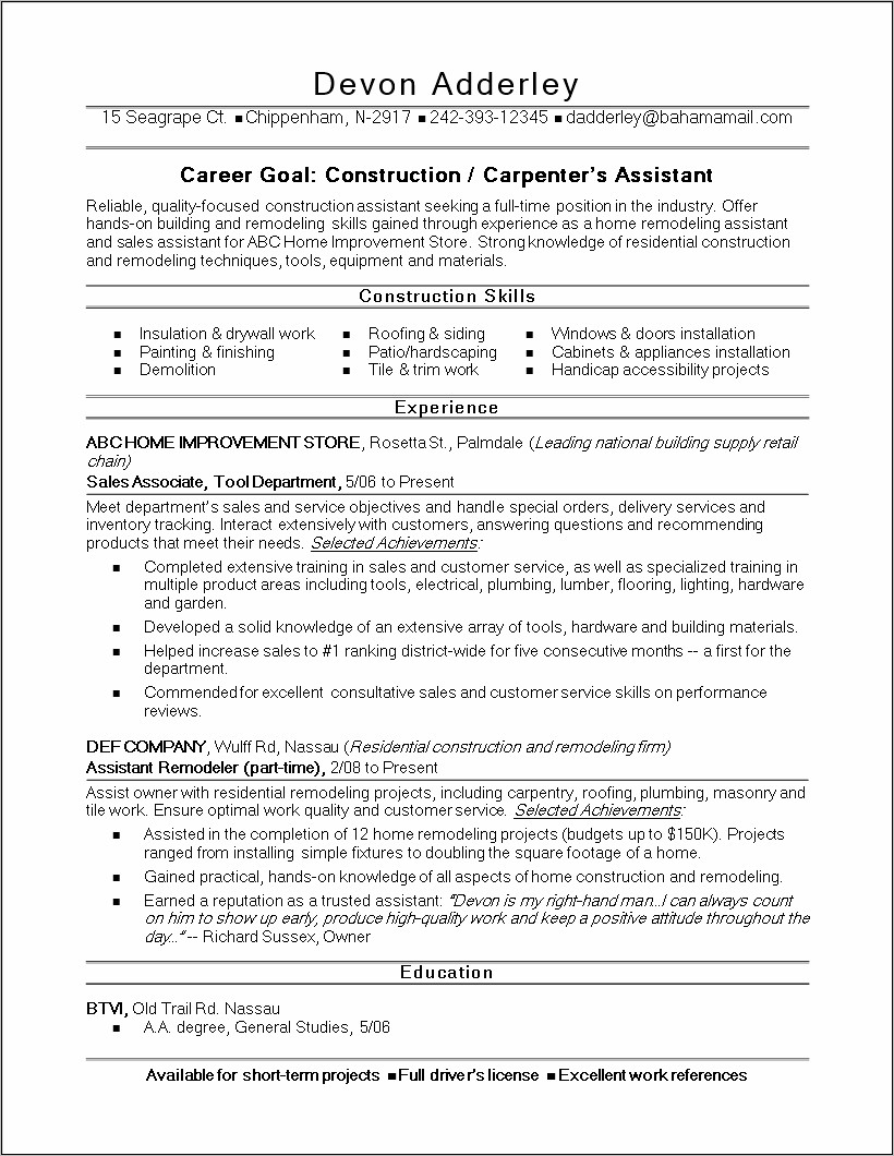 Construction Laborer Free Sample Resume