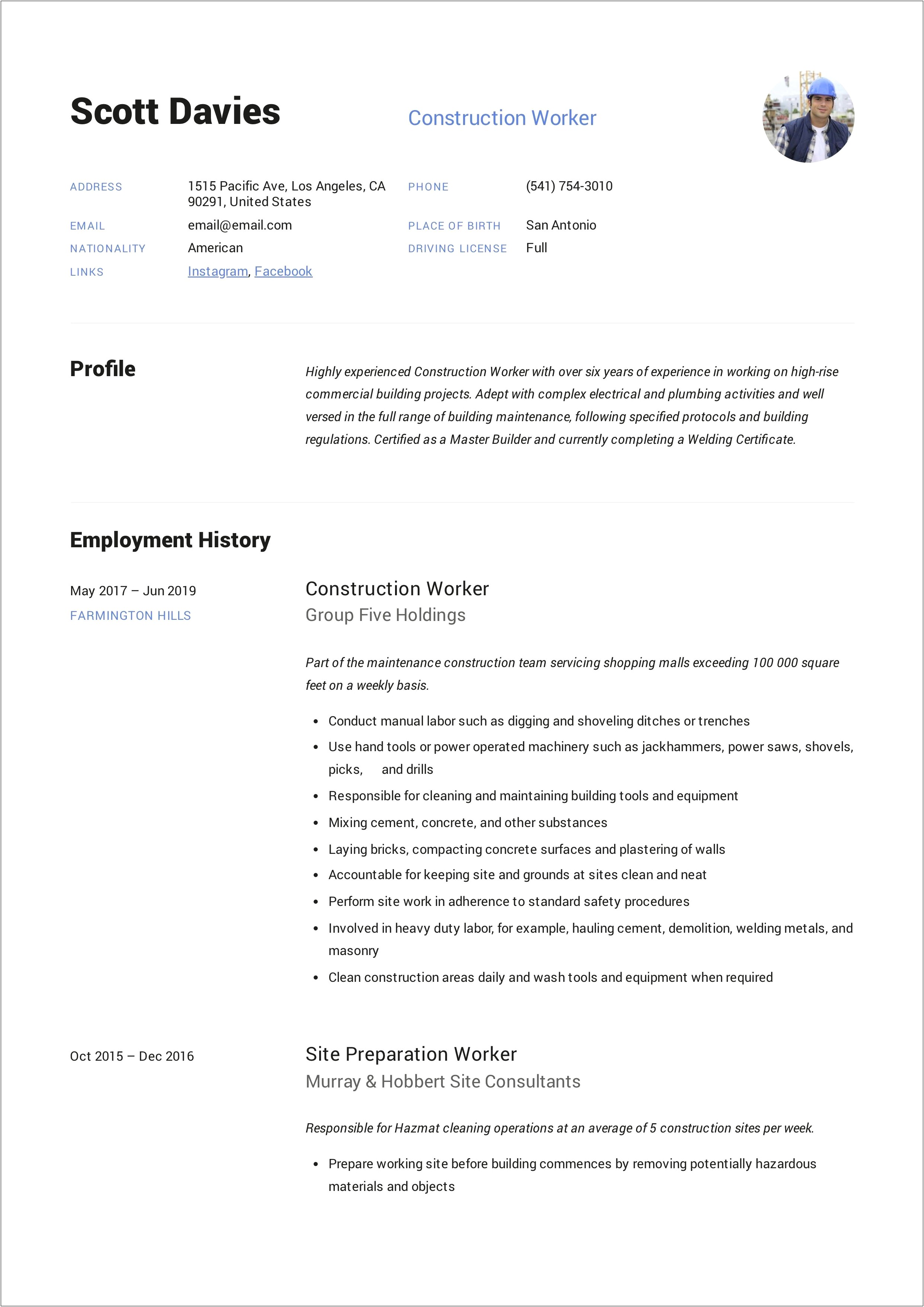 Construction Labourer Job Description For Resume