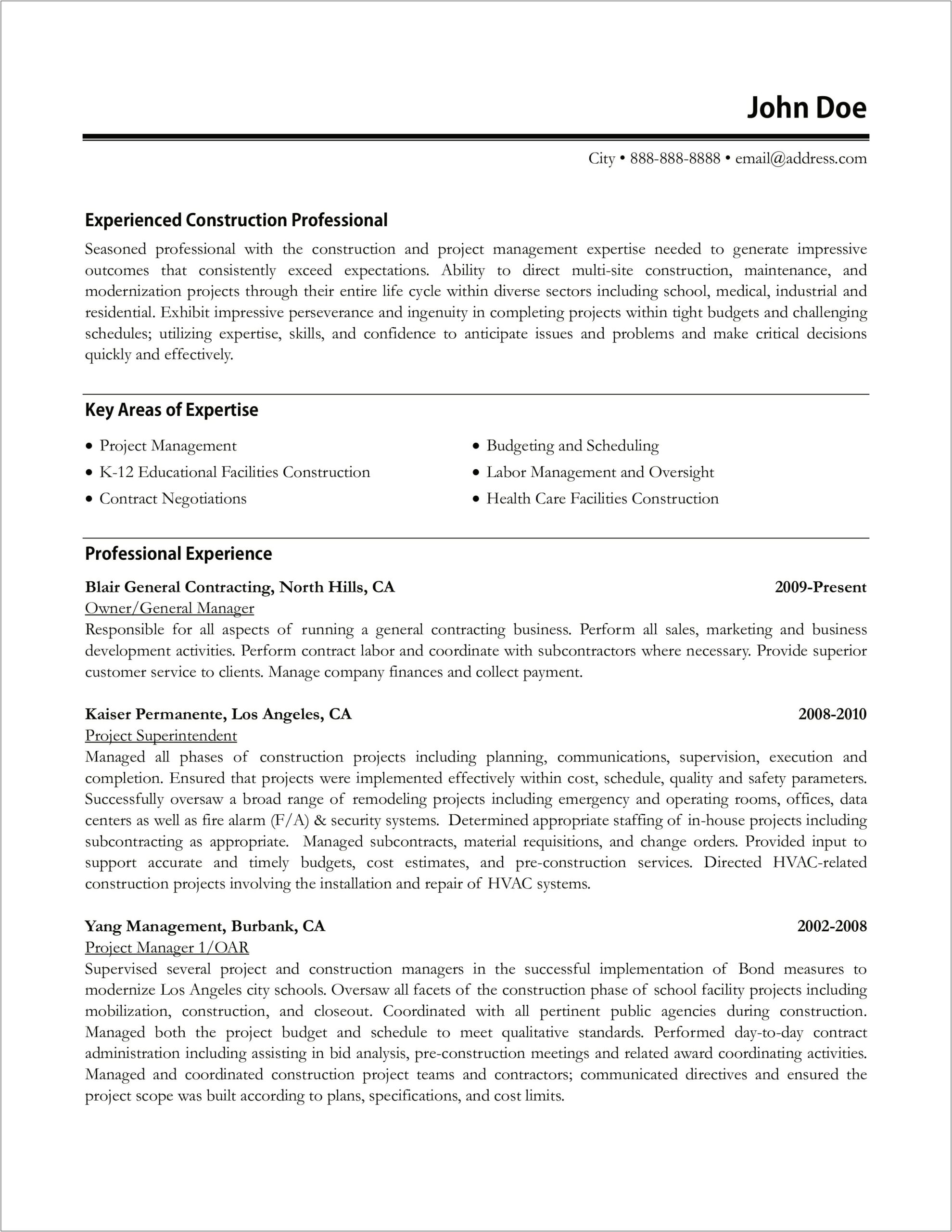 Construction Management Project Management Resume Examples