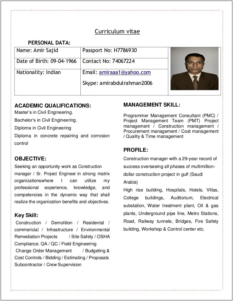Construction Manager Description For Resume