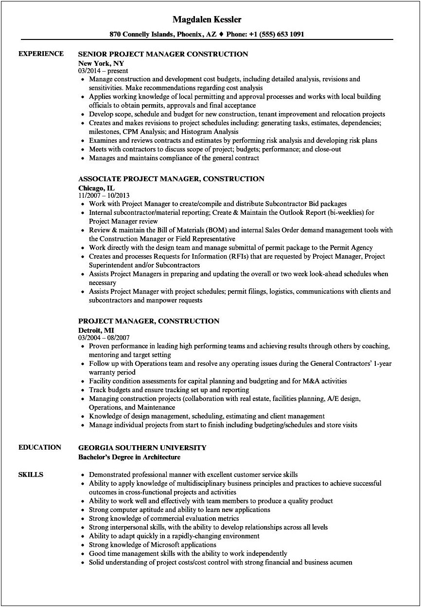 Construction Manager Job Description Resume