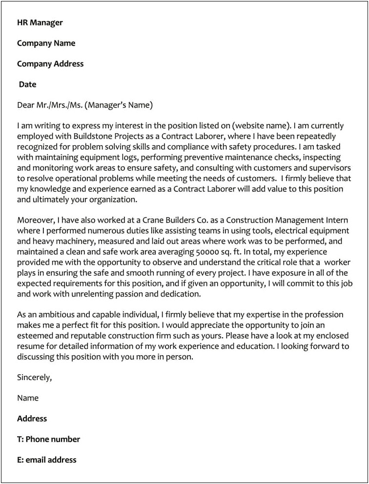 Construction Manager Resume Cover Letter