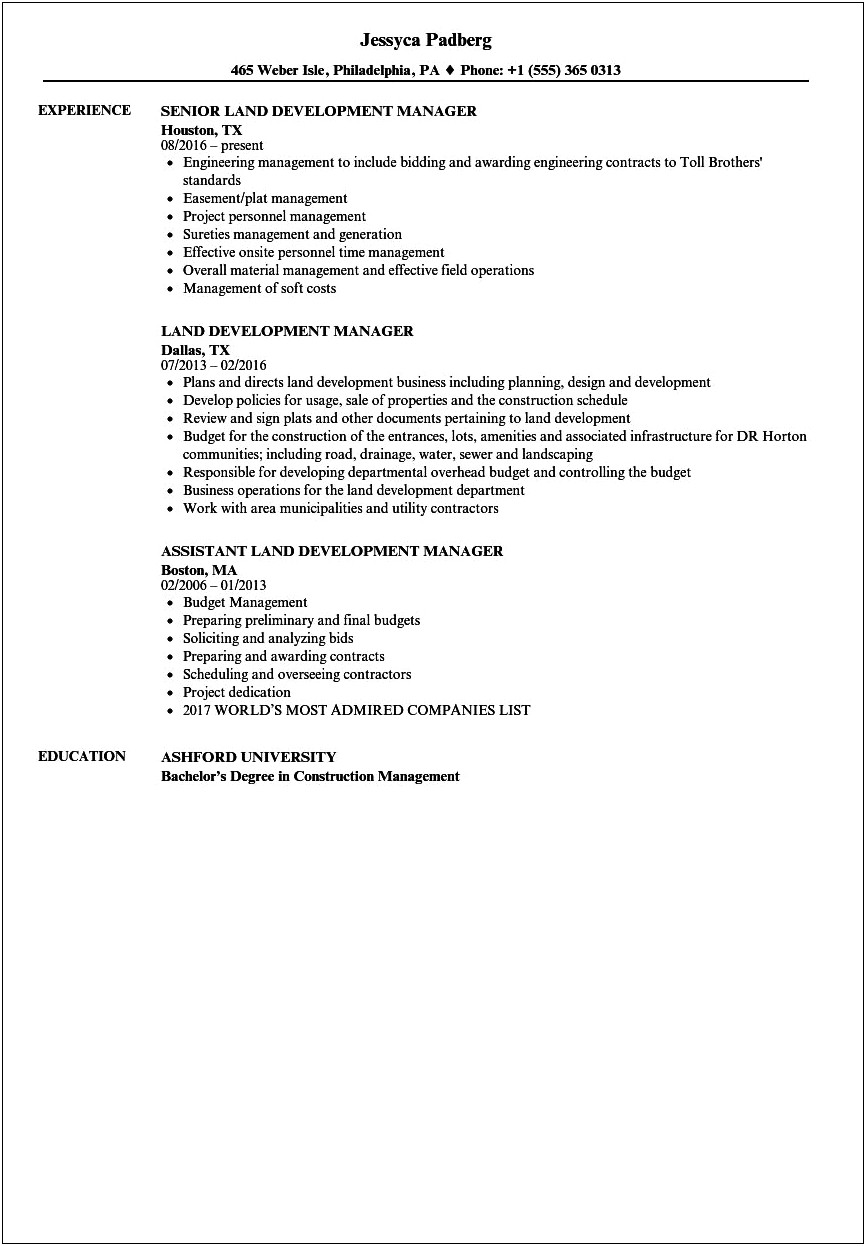 Construction Manager Resume Project List