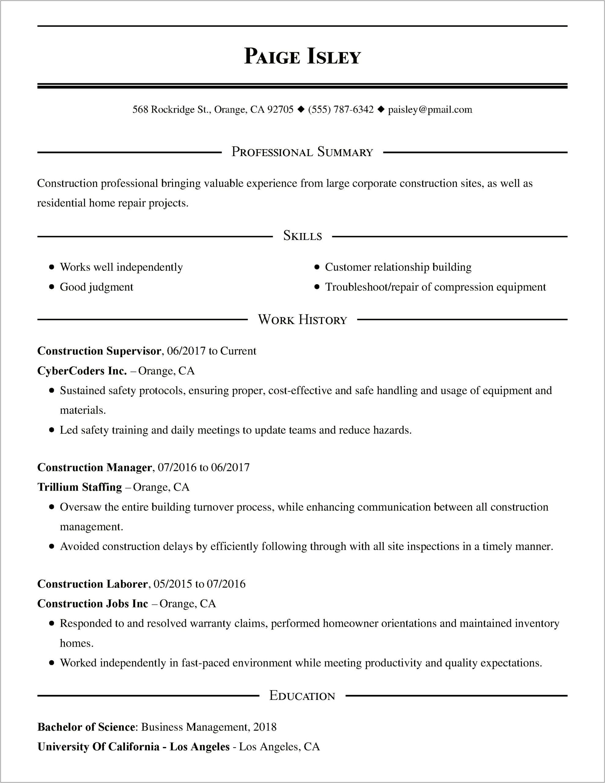 Construction Manager Resume Template Word Resume Template