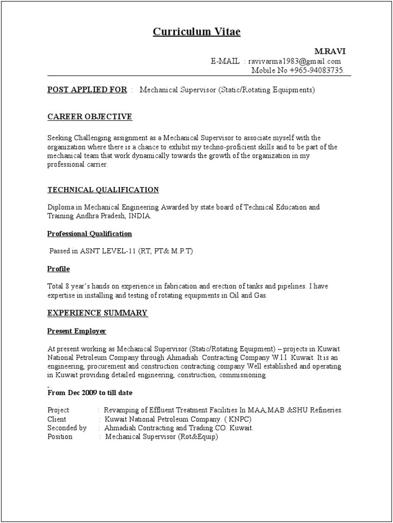 Construction Mechanical Engineer Resume Objective