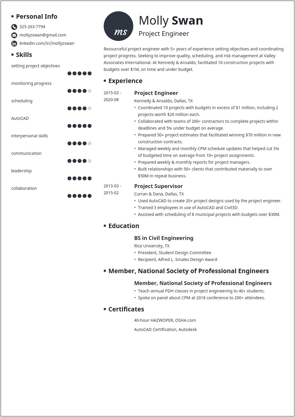 Construction Project Engineer Resume Examples