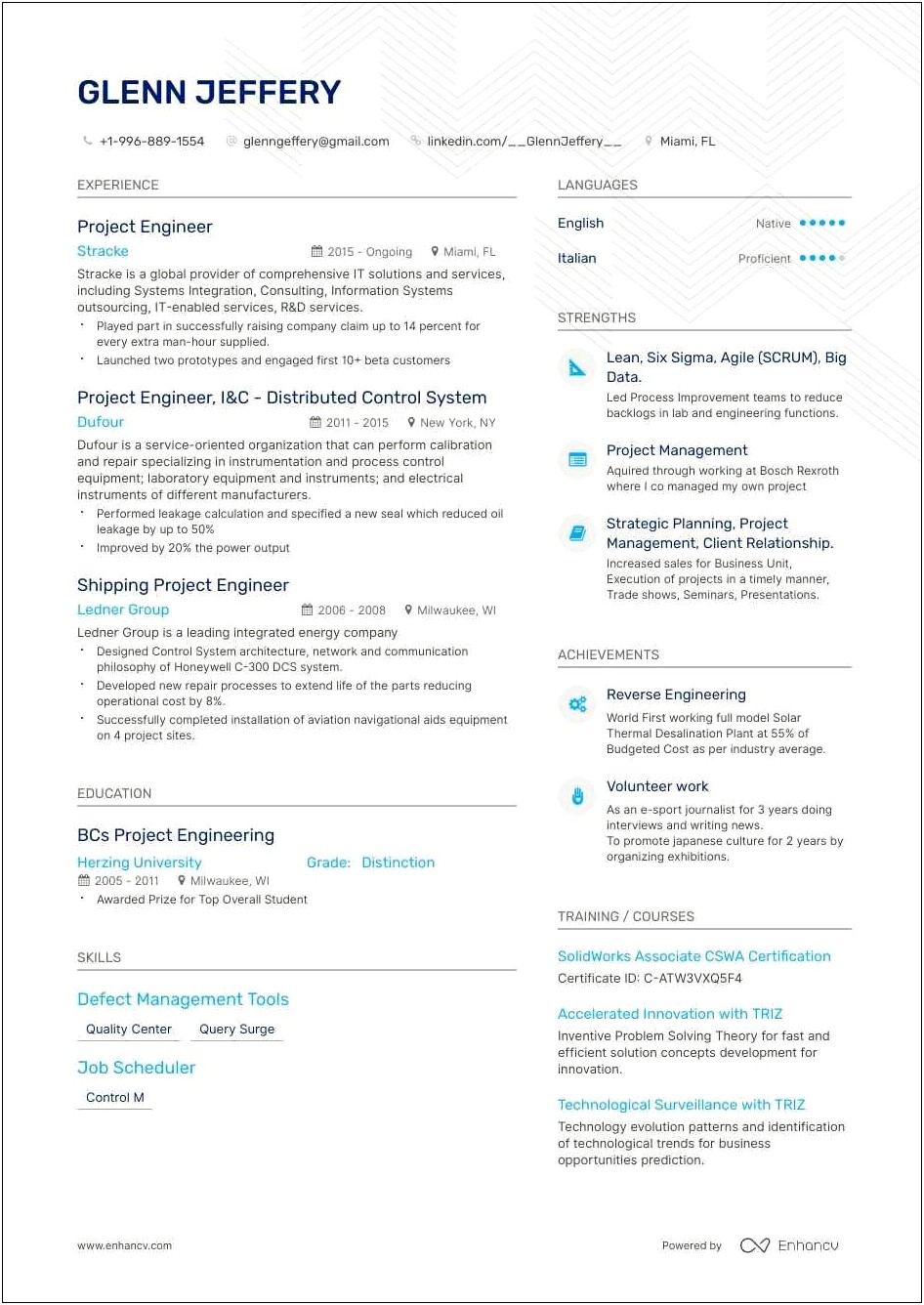 Construction Project Engineer Resume Sample
