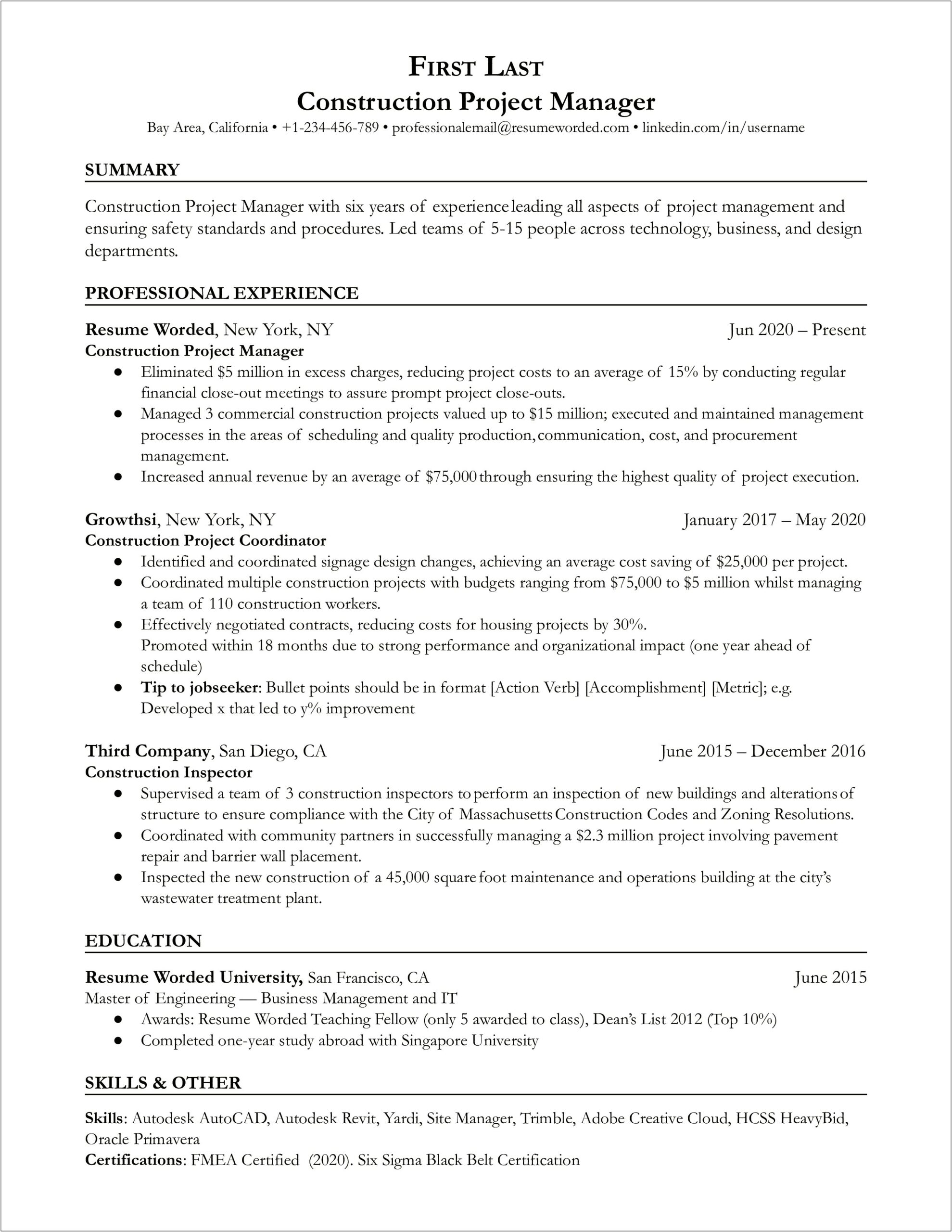 Construction Project Manager Job Duties For Resume