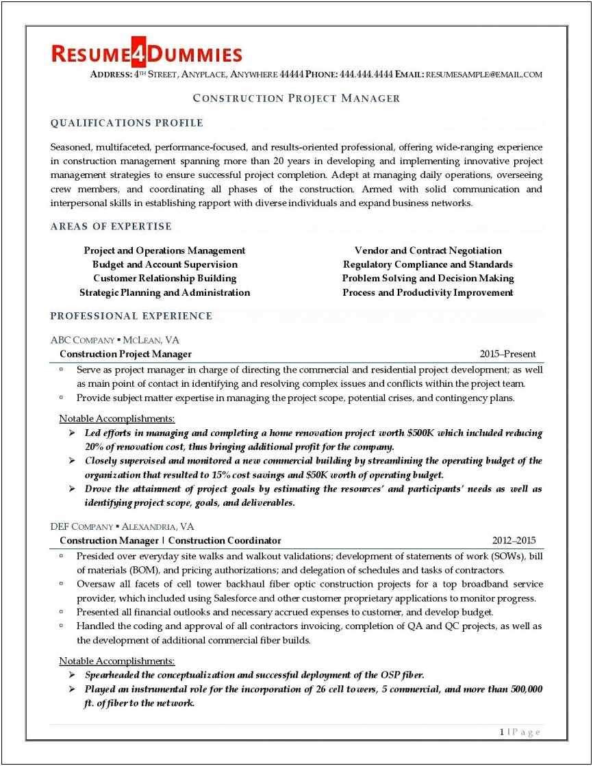 Construction Project Manager Resume Bullets