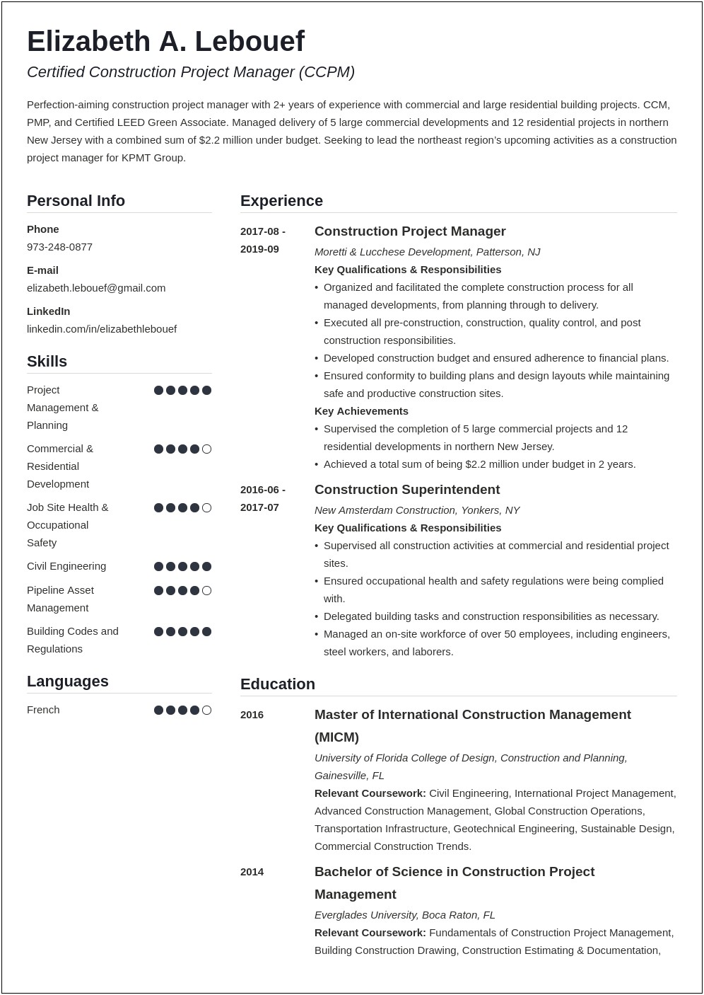 Construction Project Manager Resume Examples 2017