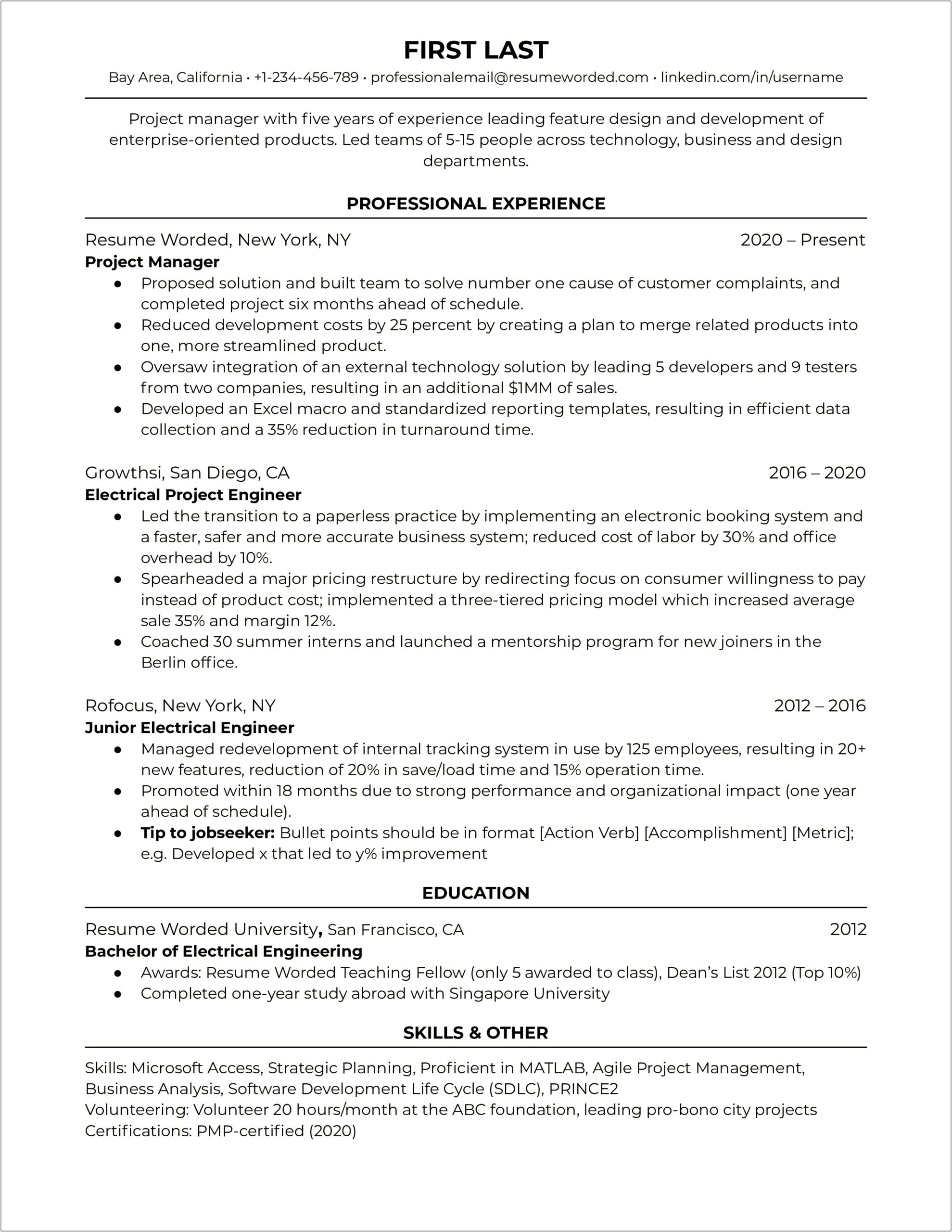 Construction Project Manager Resume Word Template