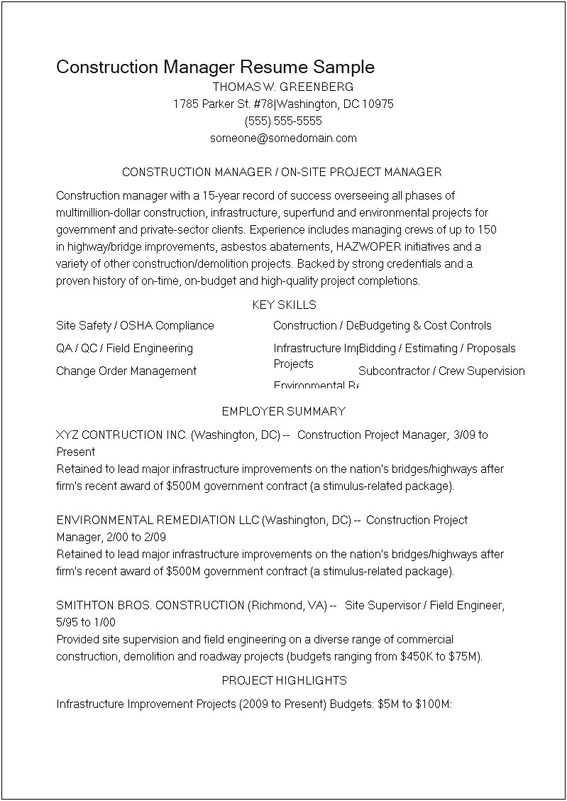 Construction Project Manager Resume Word