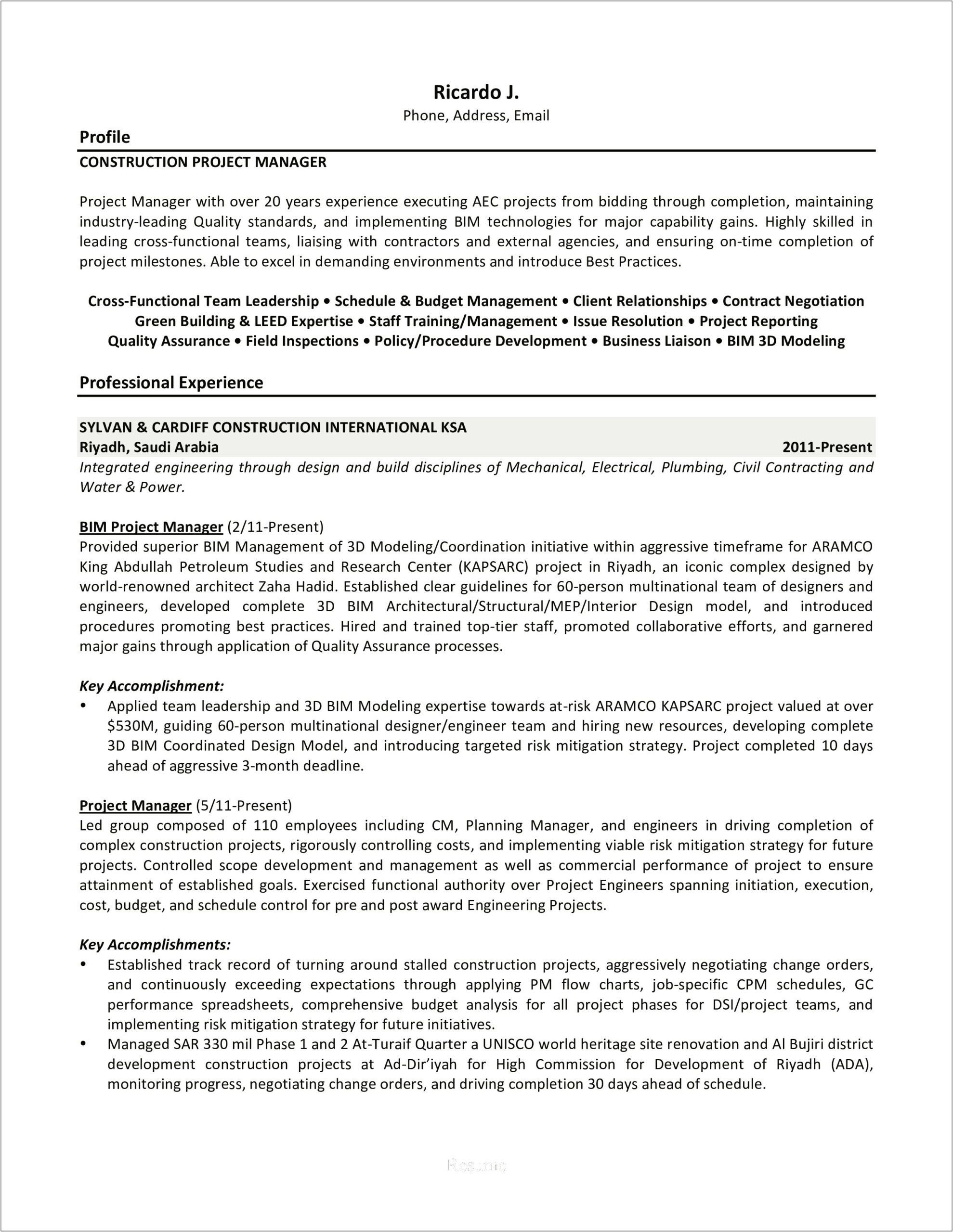 Construction Project Manager Role Resume