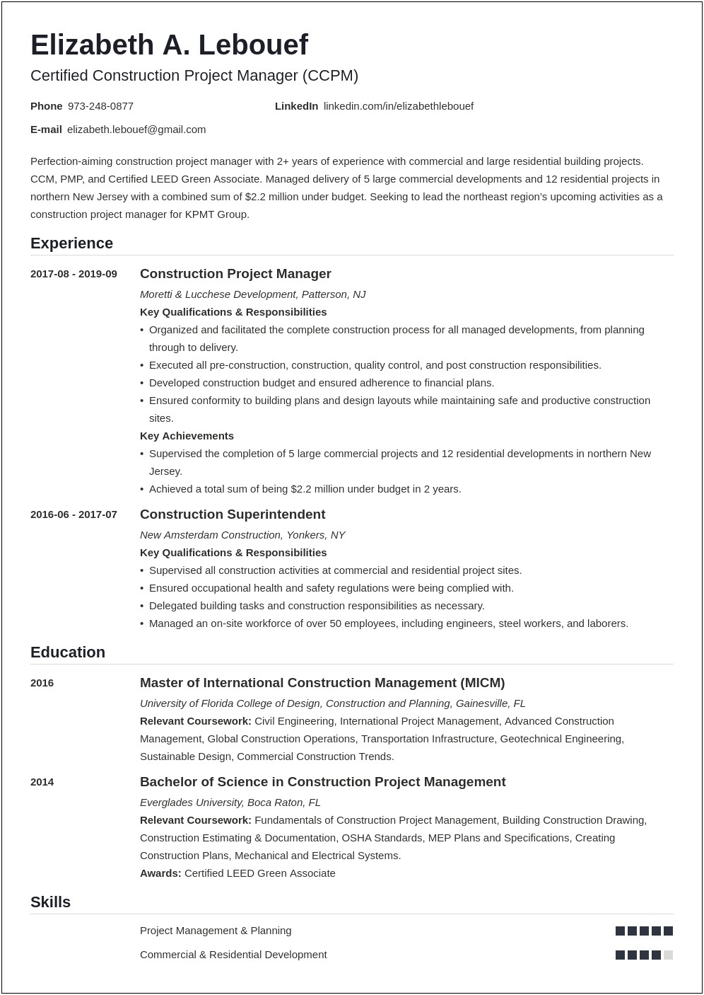 Construction Project Manager Skills Resume