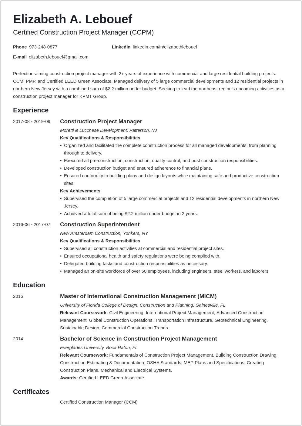 Construction Quality Control Manager Resume