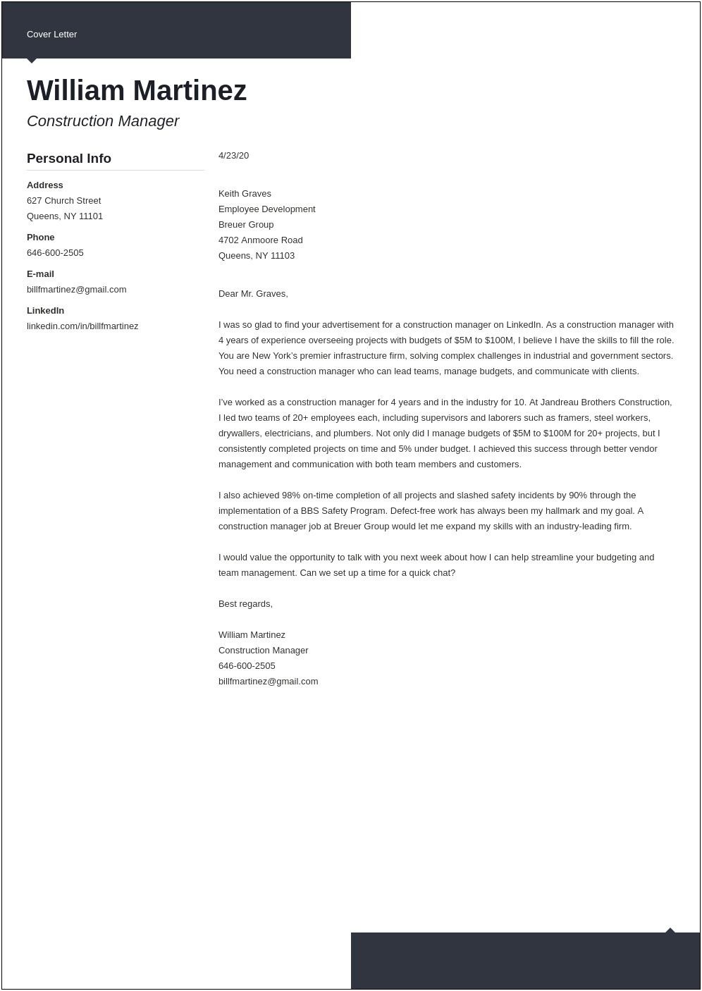 Construction Resume Cover Letter Free Samples