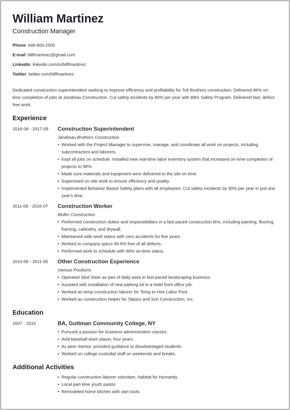 Construction Resume Professional Summary Entry Level