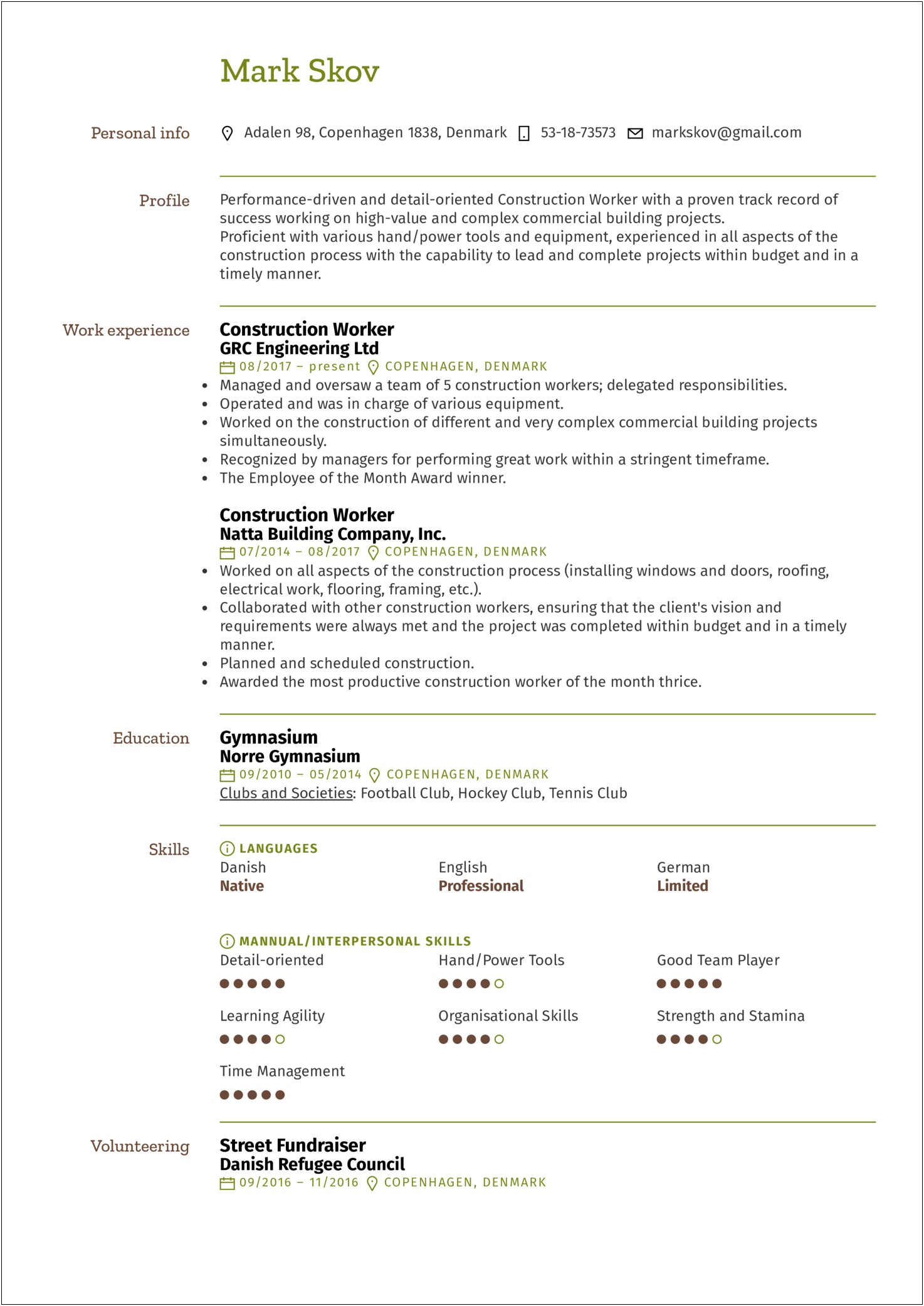 Construction Resume Skills And Abilities