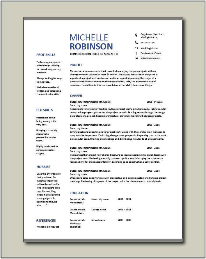 Construction Sales Manager Resume Examples