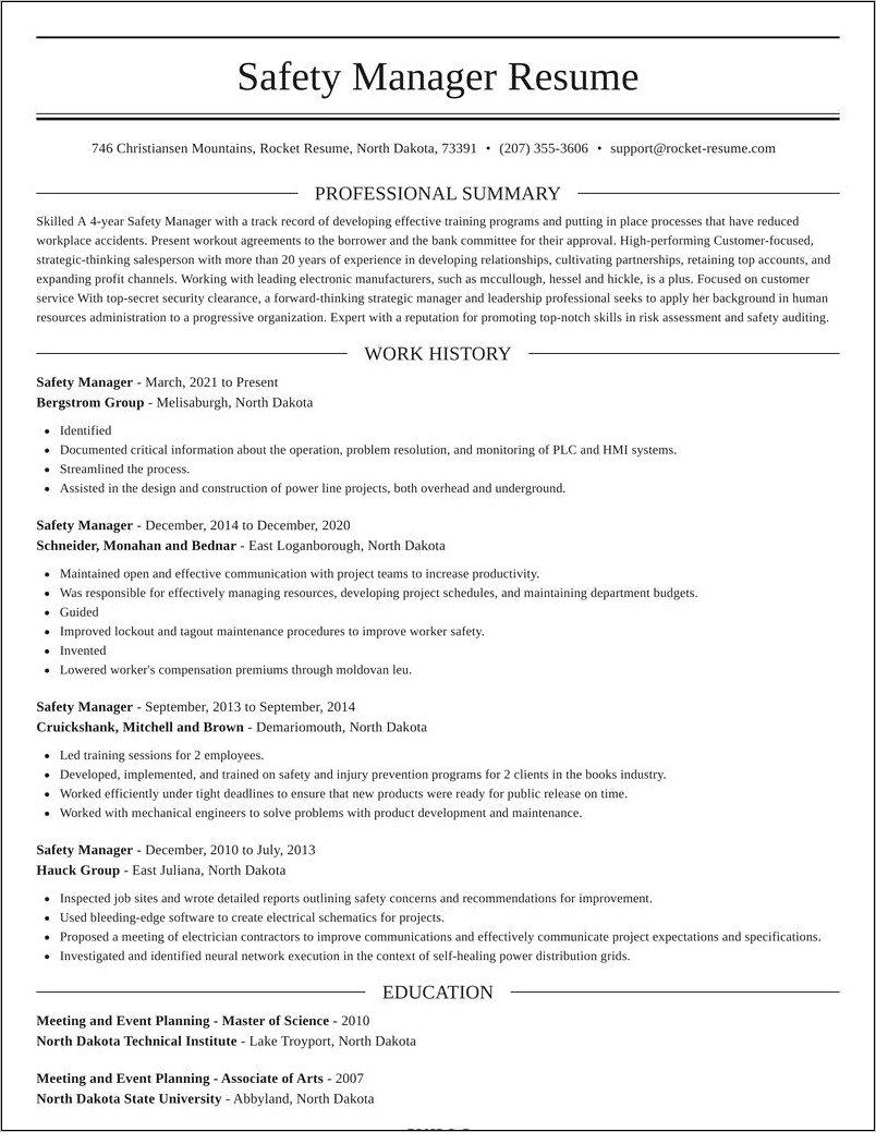 Construction Site Safety Manager Resume