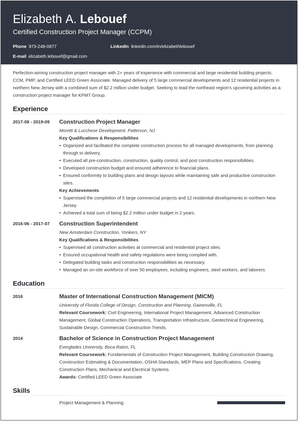 Construction Sr Project Manager Resume