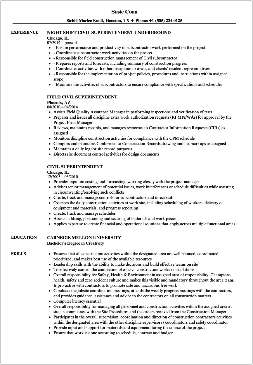 Construction Superintendent Resume Objective Examples
