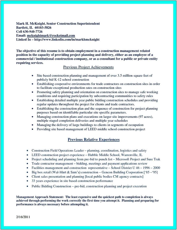 Construction Superintendent Sample Resume Resume