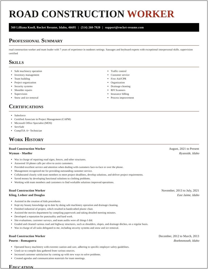 Construction Worker Resume Objective Example